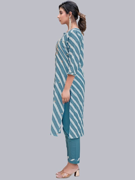 Women Blue Striped Pure Cotton Kurta with Trousers