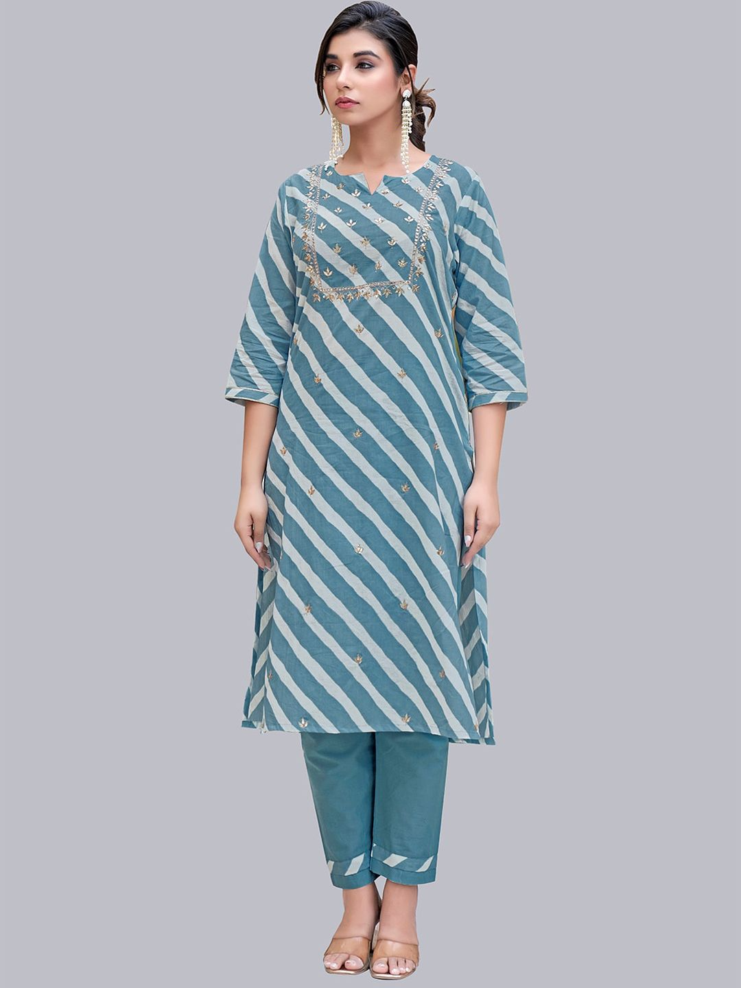 Women Blue Striped Pure Cotton Kurta with Trousers