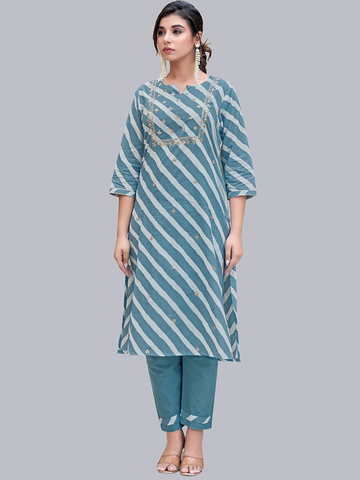 Women Blue Striped Pure Cotton Kurta with Trousers