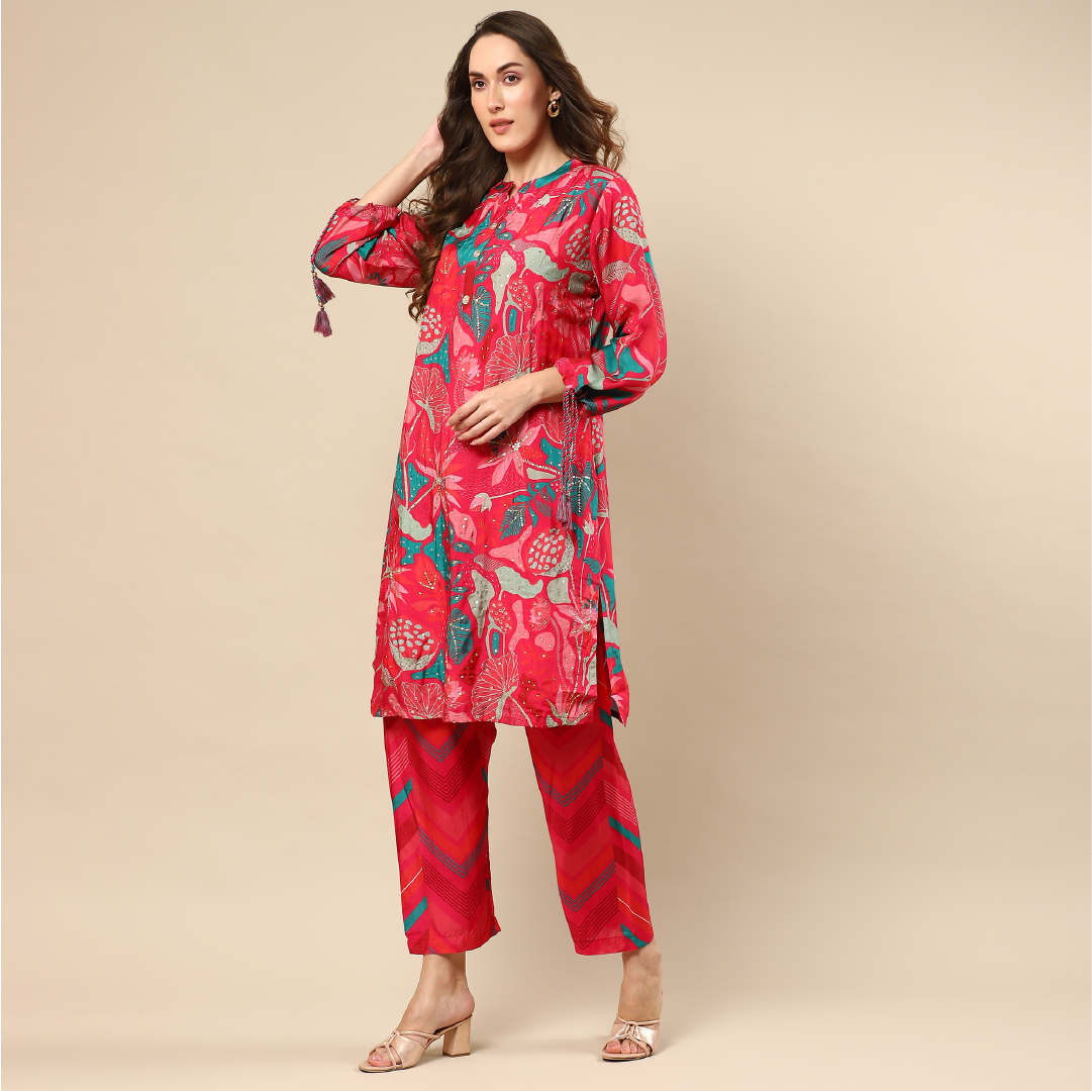 Printed Pink Muslin Kurta Set
