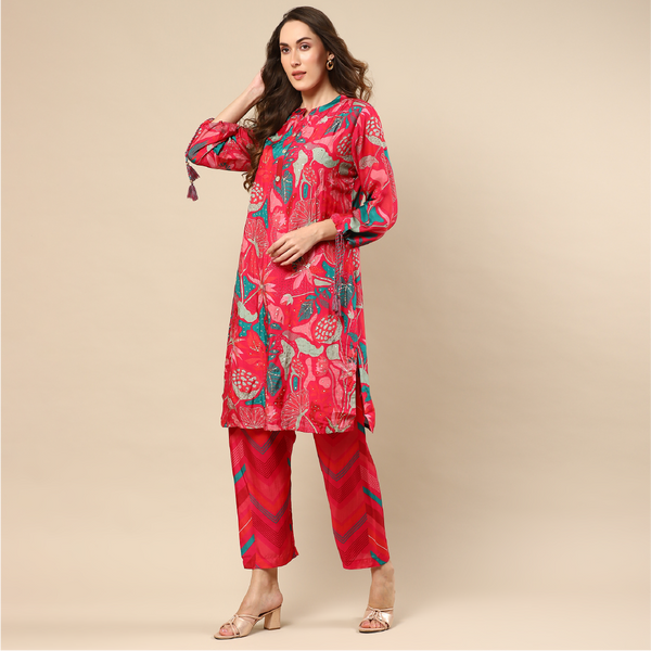 Printed Pink Muslin Kurta Set