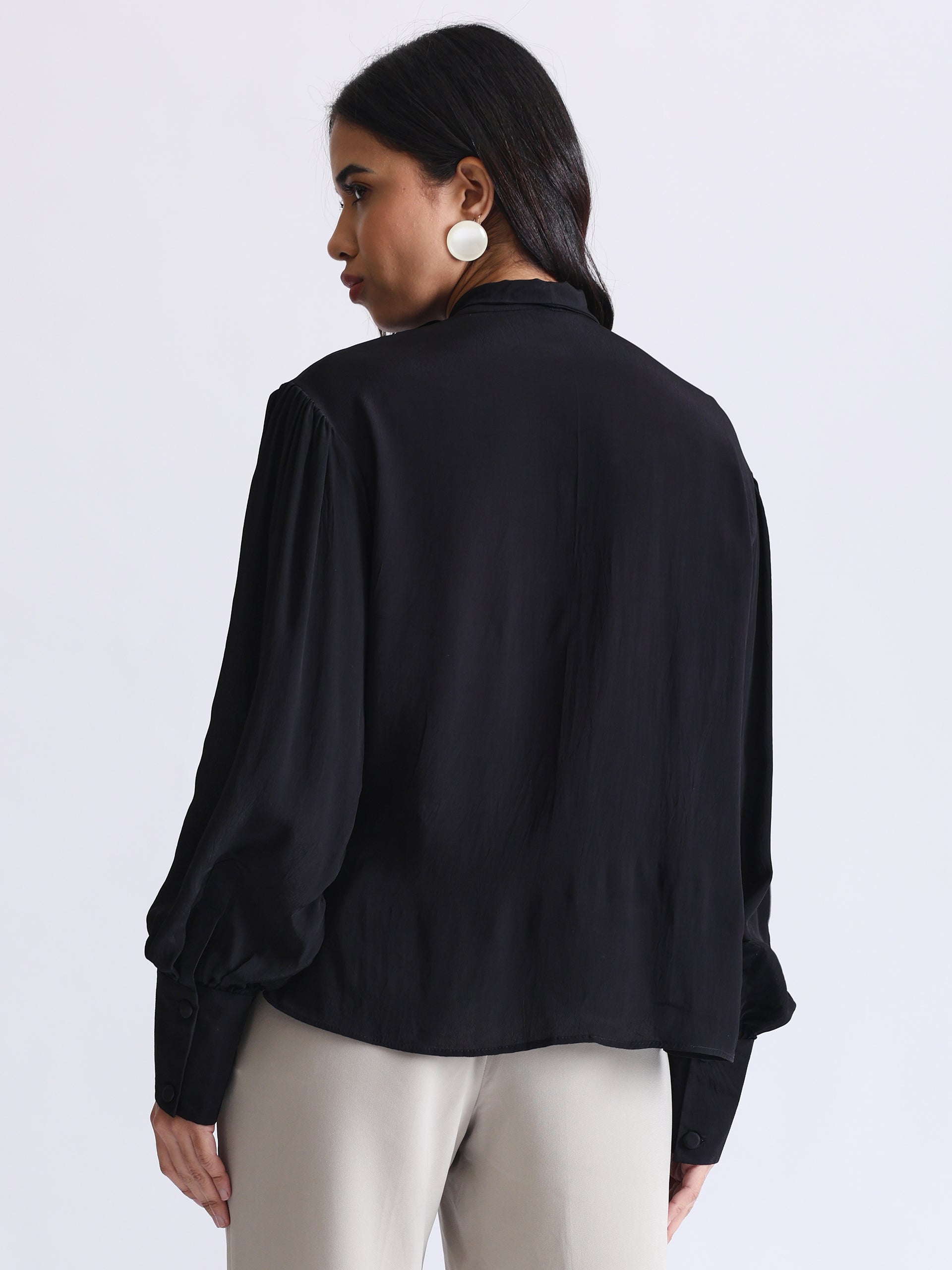 Shirt with Satin Tie-up Neck and Cuffed Sleeves