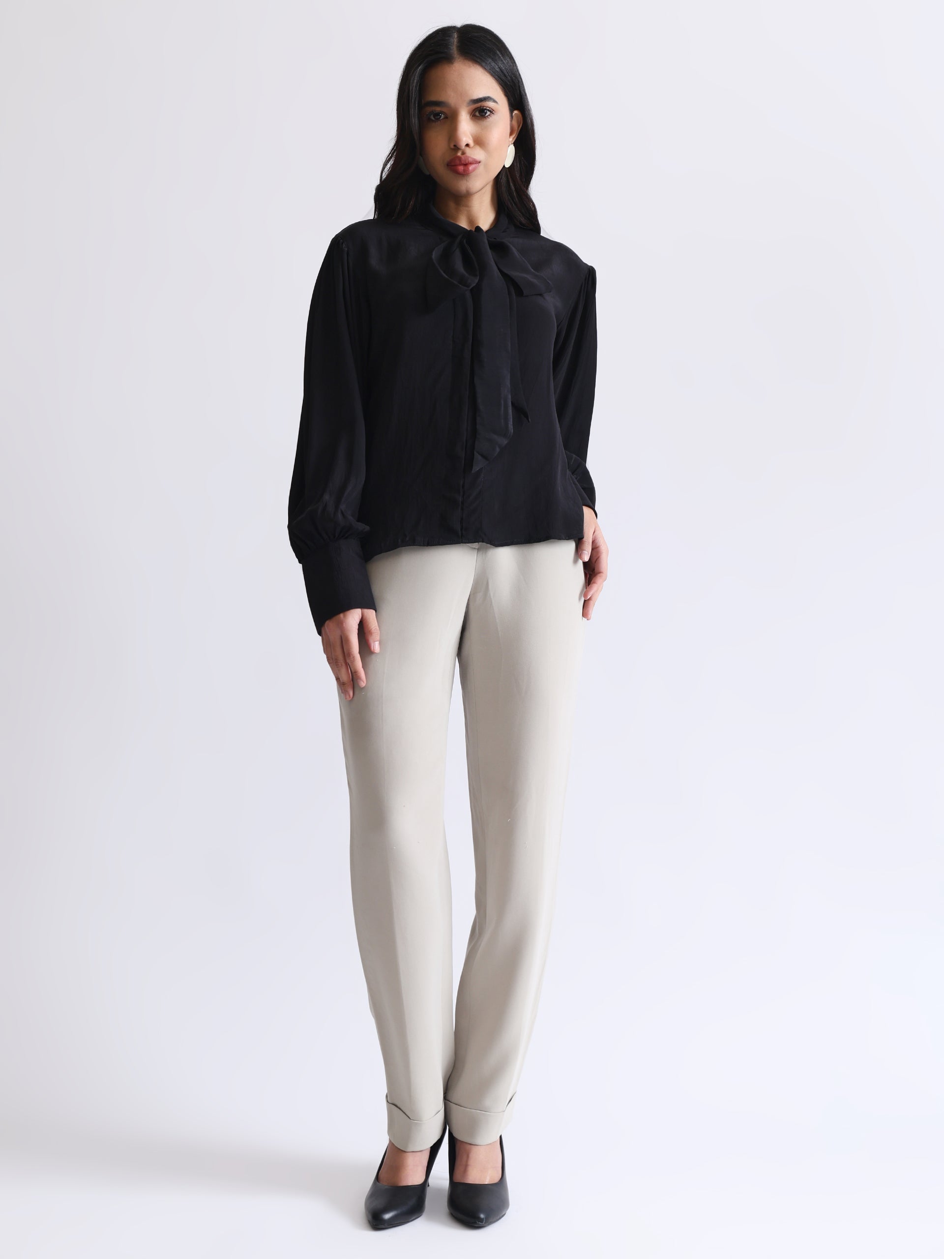 Shirt with Satin Tie-up Neck and Cuffed Sleeves