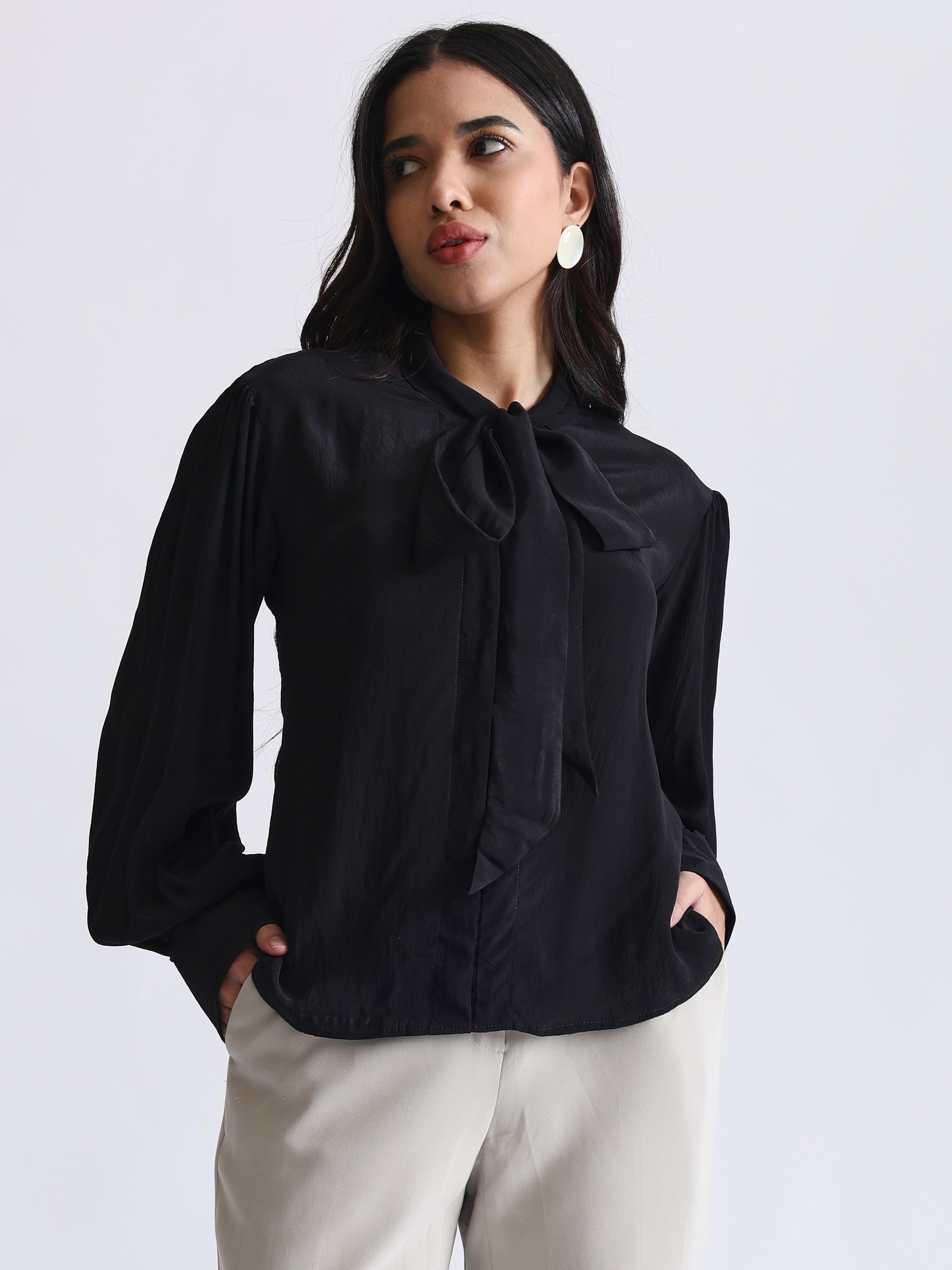 Shirt with Satin Tie-up Neck and Cuffed Sleeves
