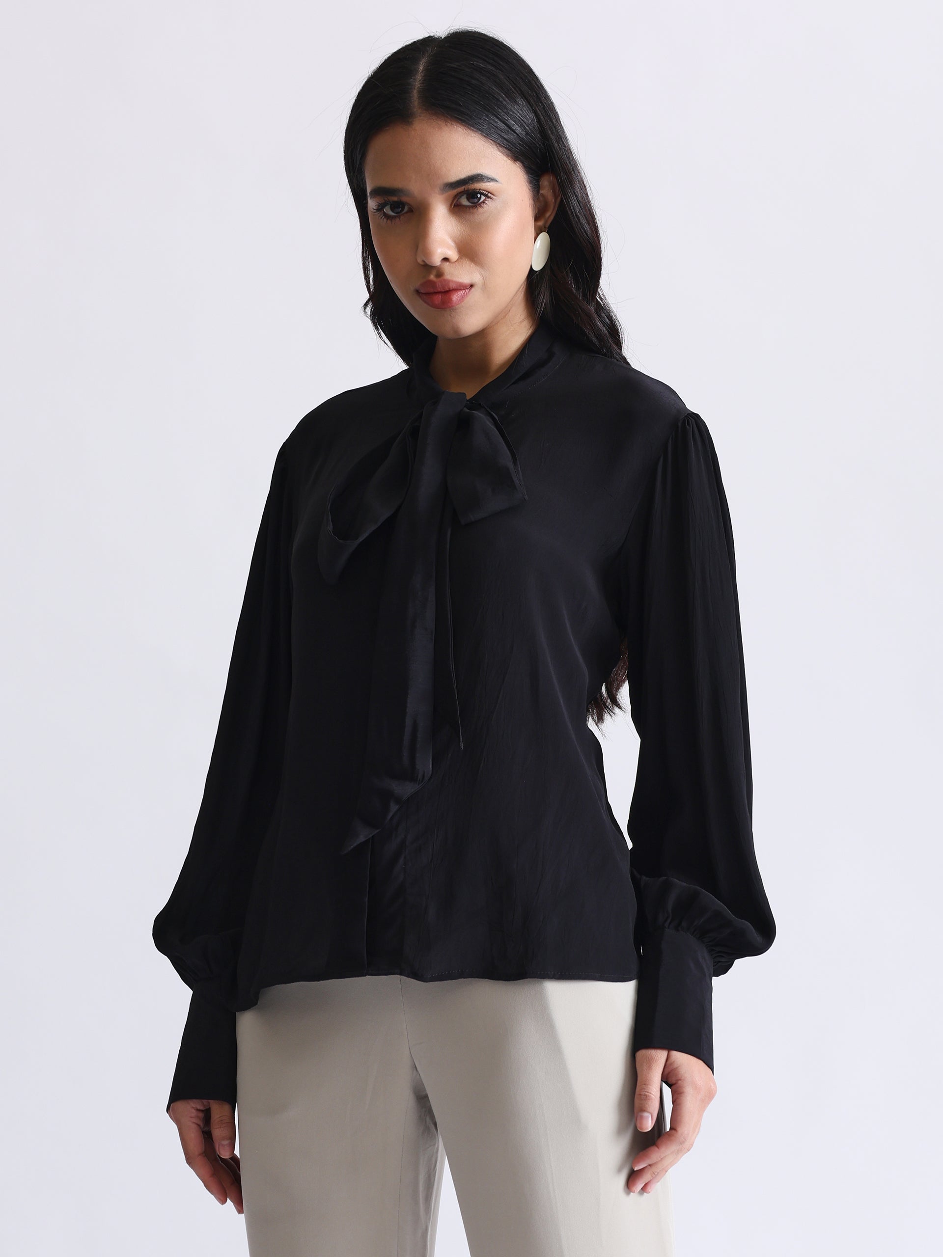 Shirt with Satin Tie-up Neck and Cuffed Sleeves