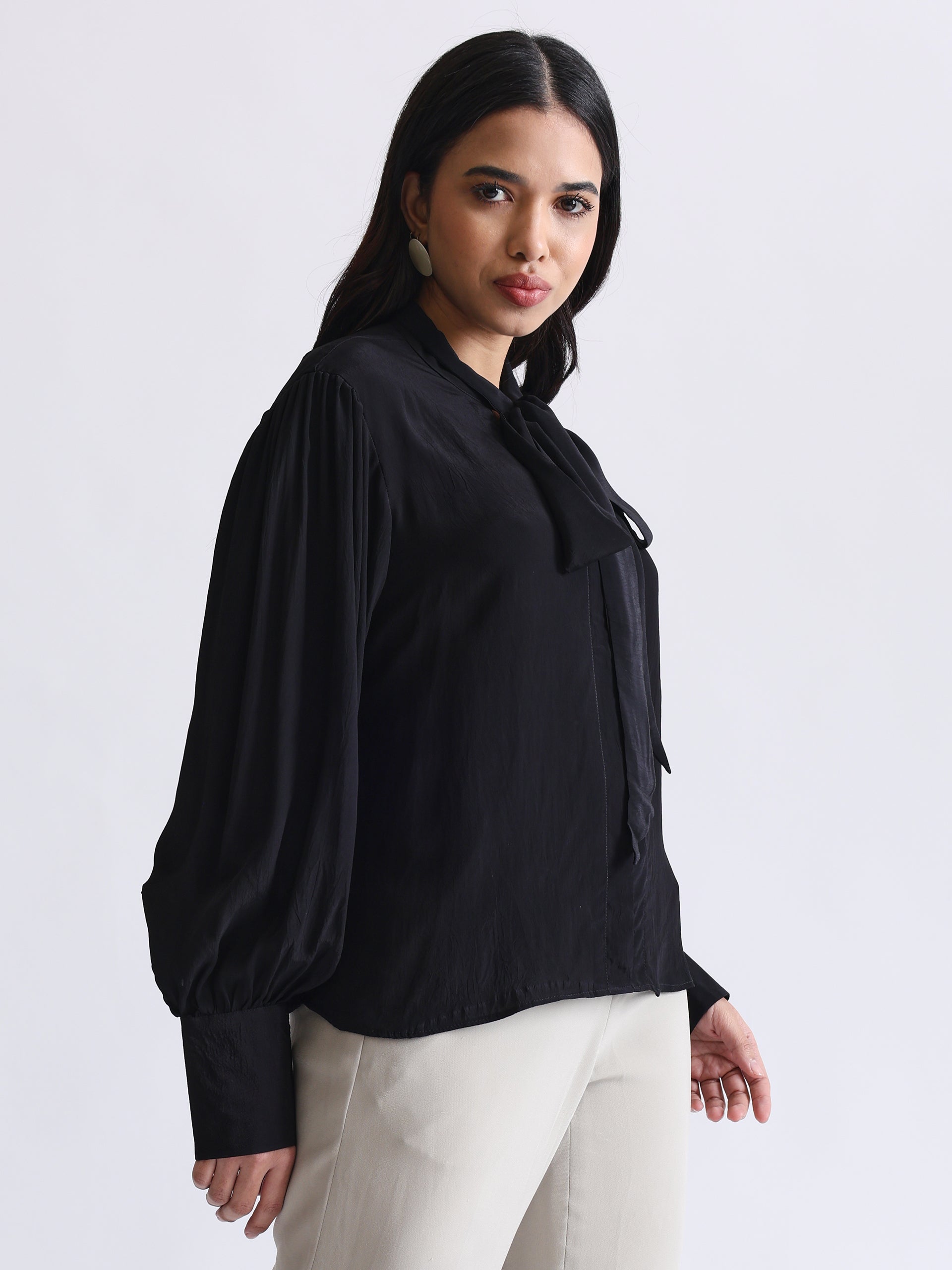 Shirt with Satin Tie-up Neck and Cuffed Sleeves