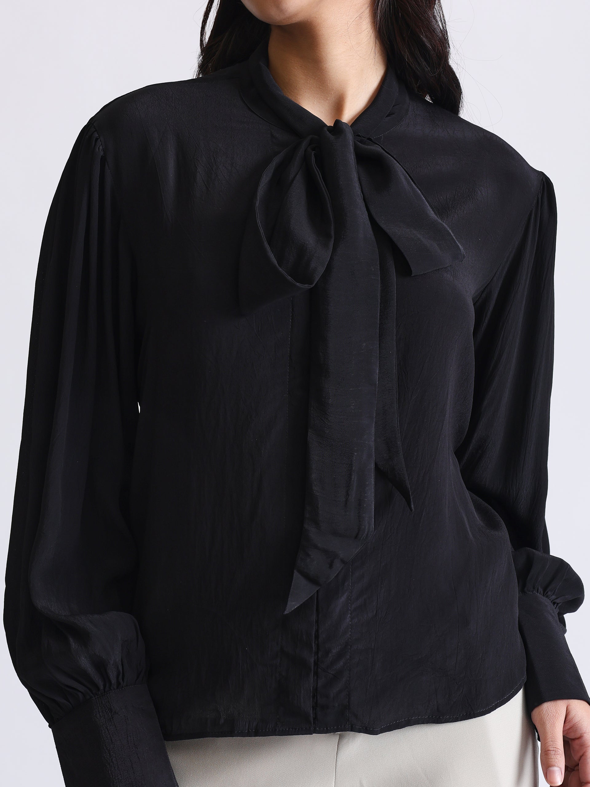 Shirt with Satin Tie-up Neck and Cuffed Sleeves