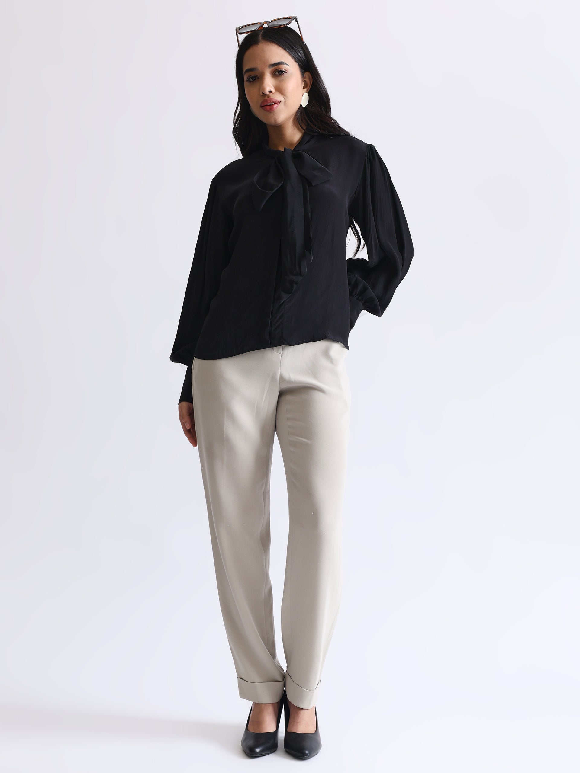 Shirt with Satin Tie-up Neck and Cuffed Sleeves