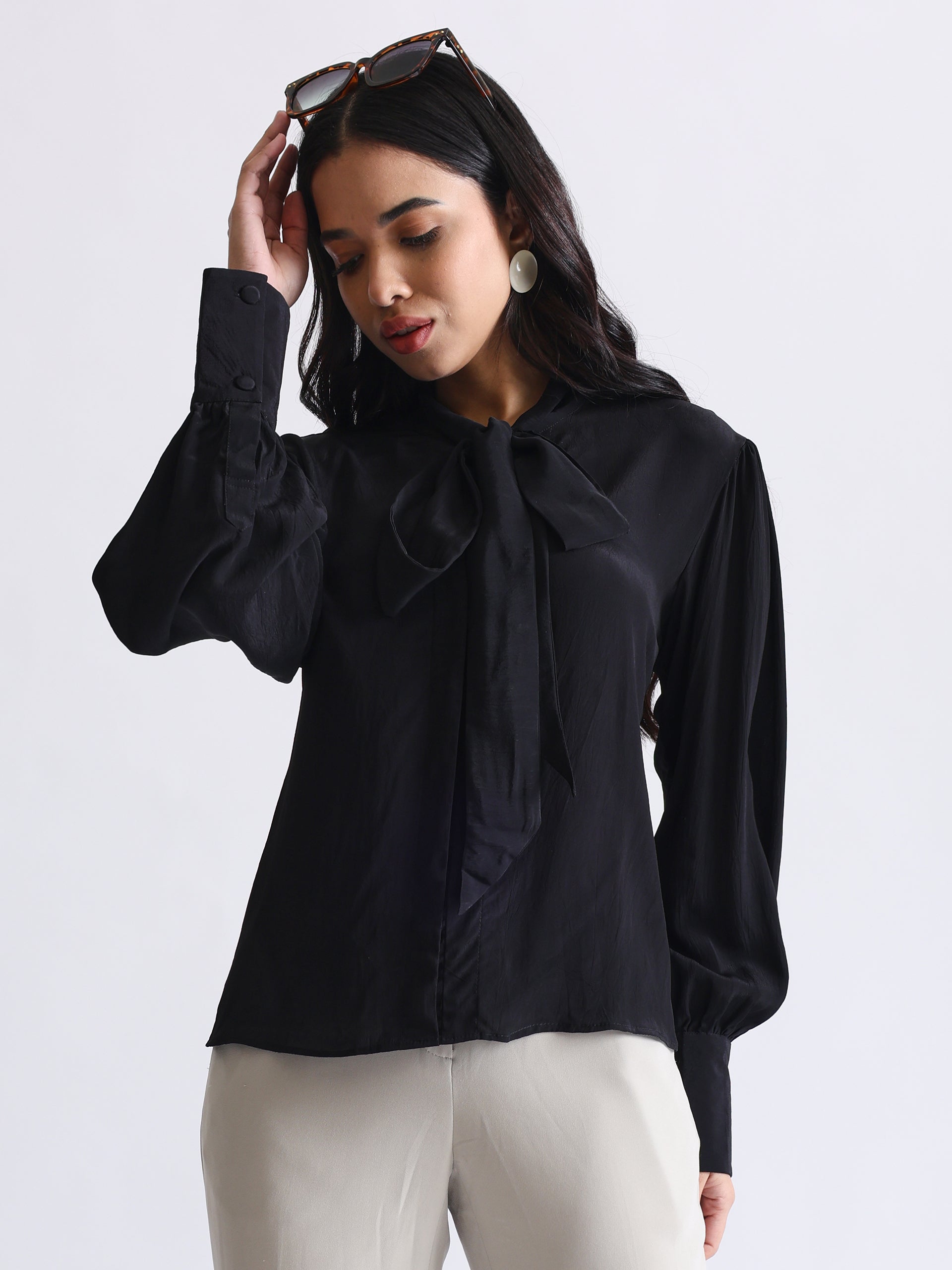 Shirt with Satin Tie-up Neck and Cuffed Sleeves